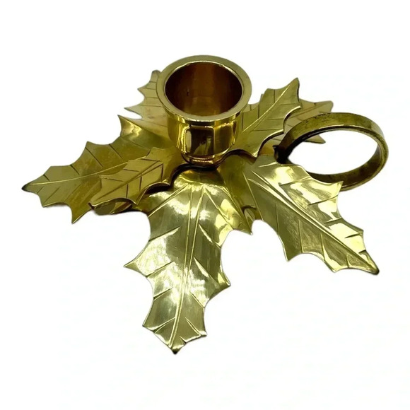 BRASS Holly / Poinsettia Leaf Candlestick Holder w/Ring Shape Handle NIB - Picture 1 of 6